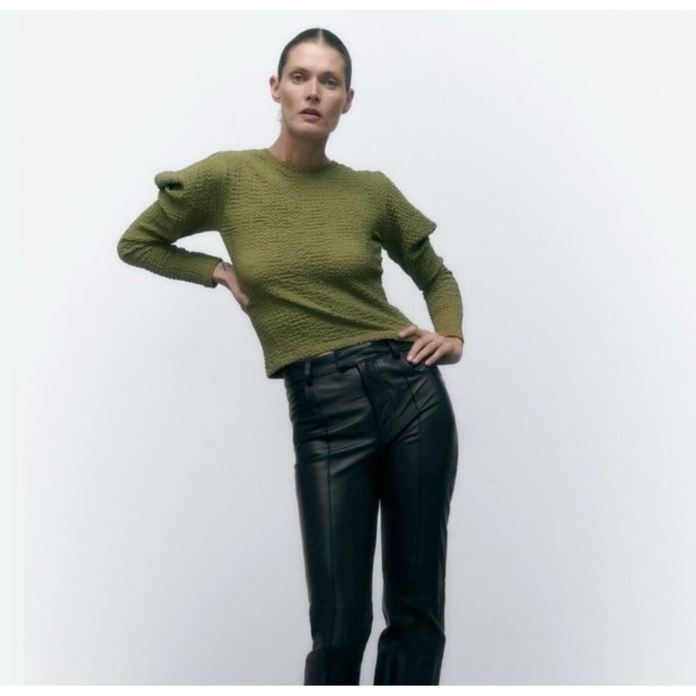 Zara Olive Green Textured Popcorn Knit Ruffle‎ Puff Shoulder Top Womens Medium